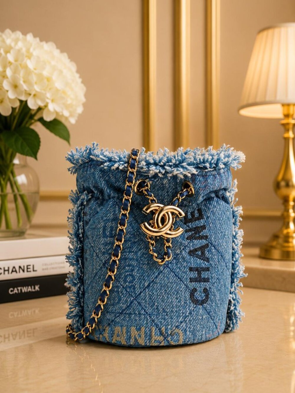 Authentic Chanel Gabrielle Blue Denim Bucket Drawstring Shoulder Bag